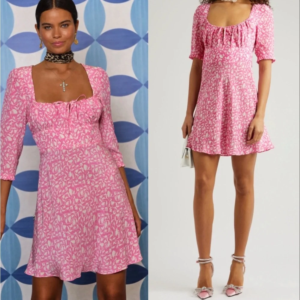 RIXO Lilita Tie-Detailed Ruched Silk-Crepe Mini Dress in pink Size M - Picture 1 of 10